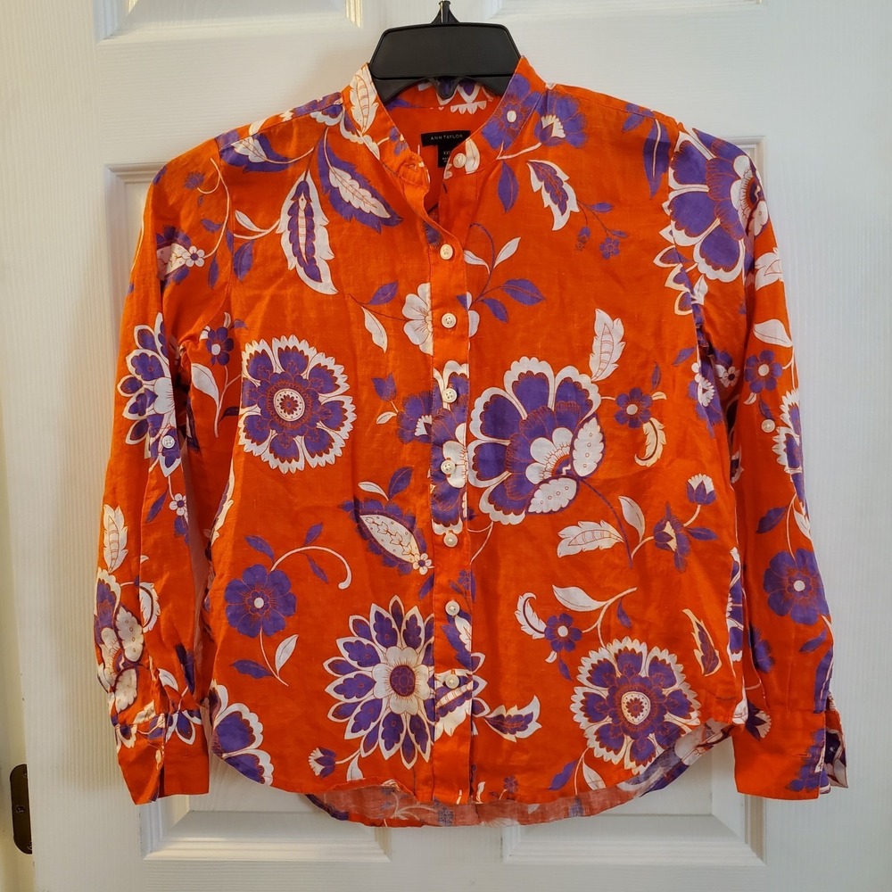 Ann Taylor XXSP 100 linen button up oversize shirt orange floral tropical resort